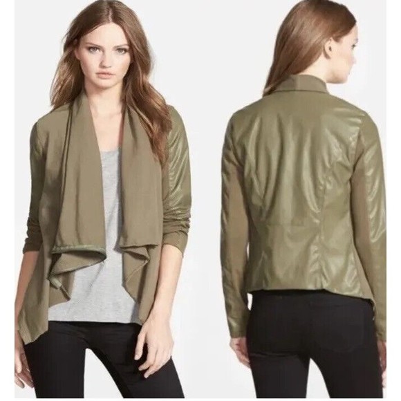 Blank Nyc Faux Leather Jacket Knit Draped Open Army Green medium - Picture 1 of 9